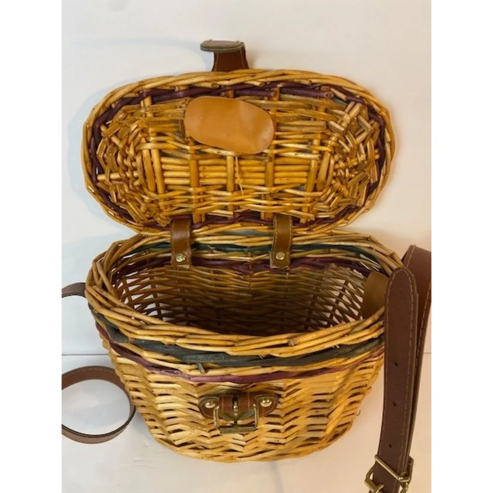 Vintage Wicker Basket Crossbody Bag Woven Picnic Purse Green Purple Accents
